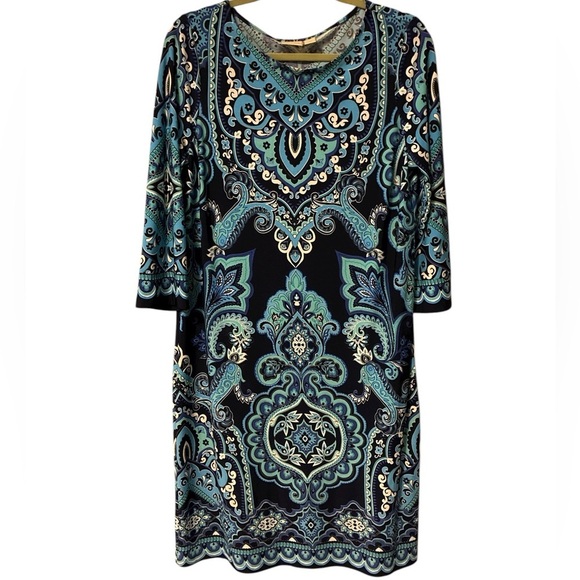 Chico’s Paisley Dress Size 1 (Medium) Blue 3/4 Sleeves Stretch Vacation - Picture 10 of 13
